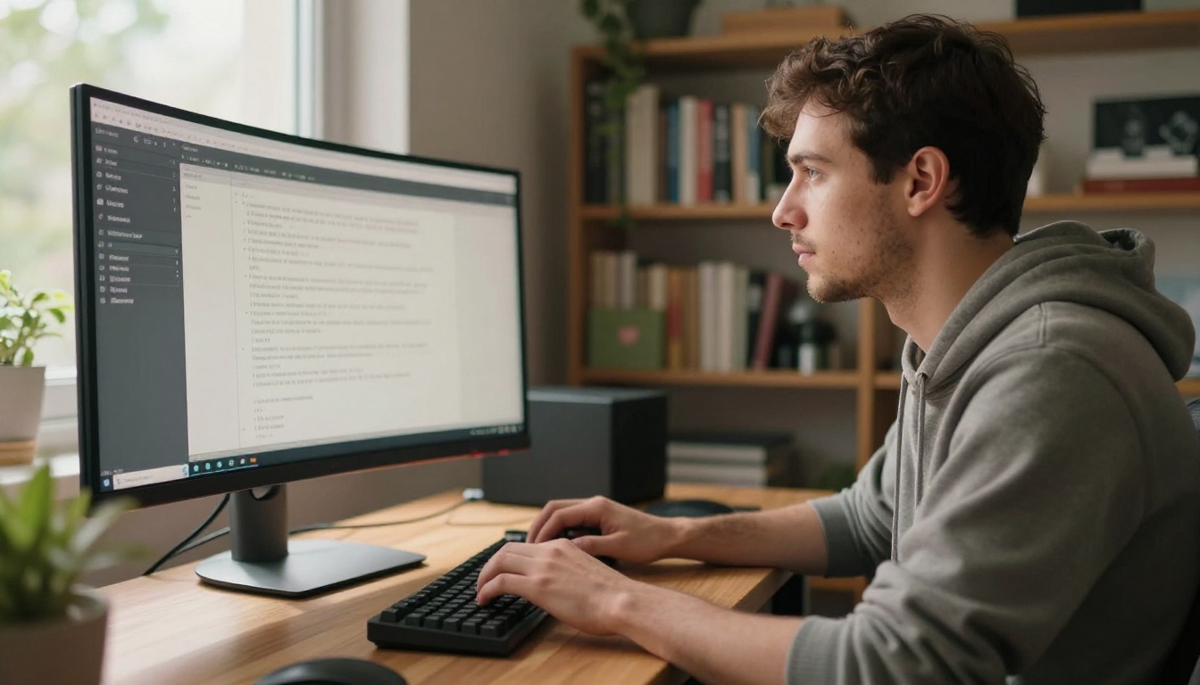 Male content creator typing at home studio desk with warm natural window light and curved monitor