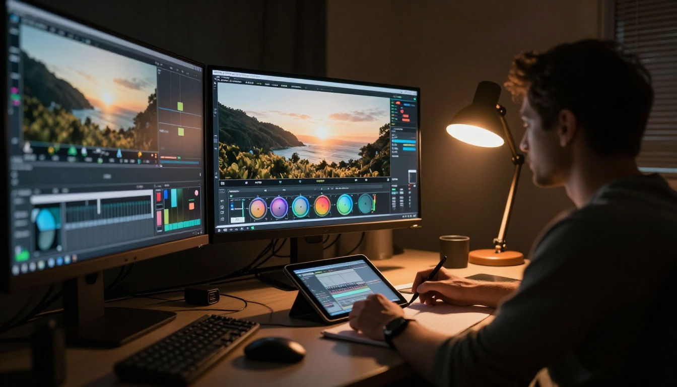 Professional color grading suite at night with operator silhouetted against large cinematic reference monitor