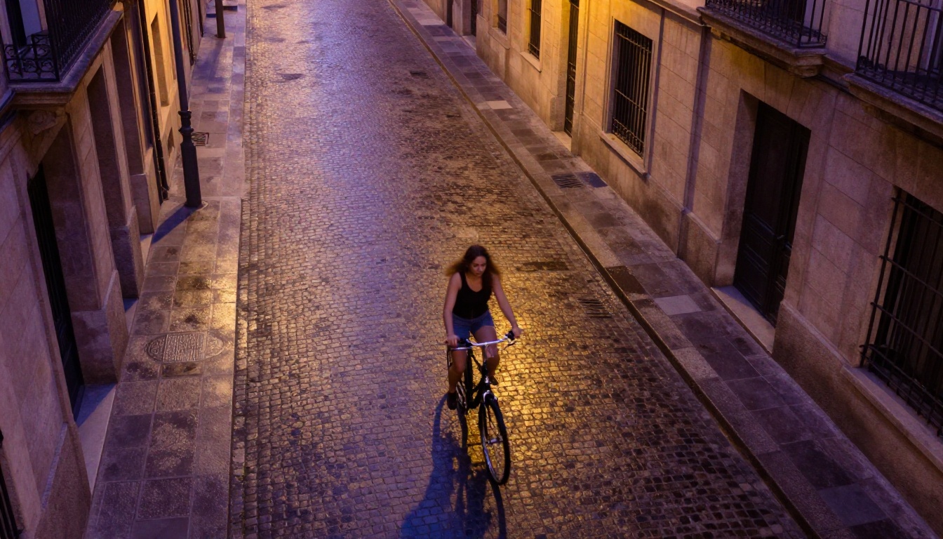 Aerial motion blur photograph of woman cycling along wet cobblestone street in Barcelona at dusk