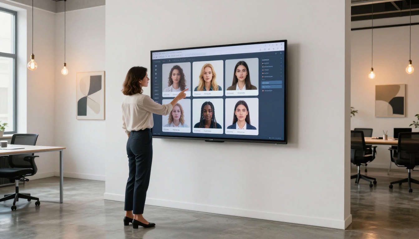 Creative professional woman pointing at AI video generation interface on wall-mounted touchscreen display