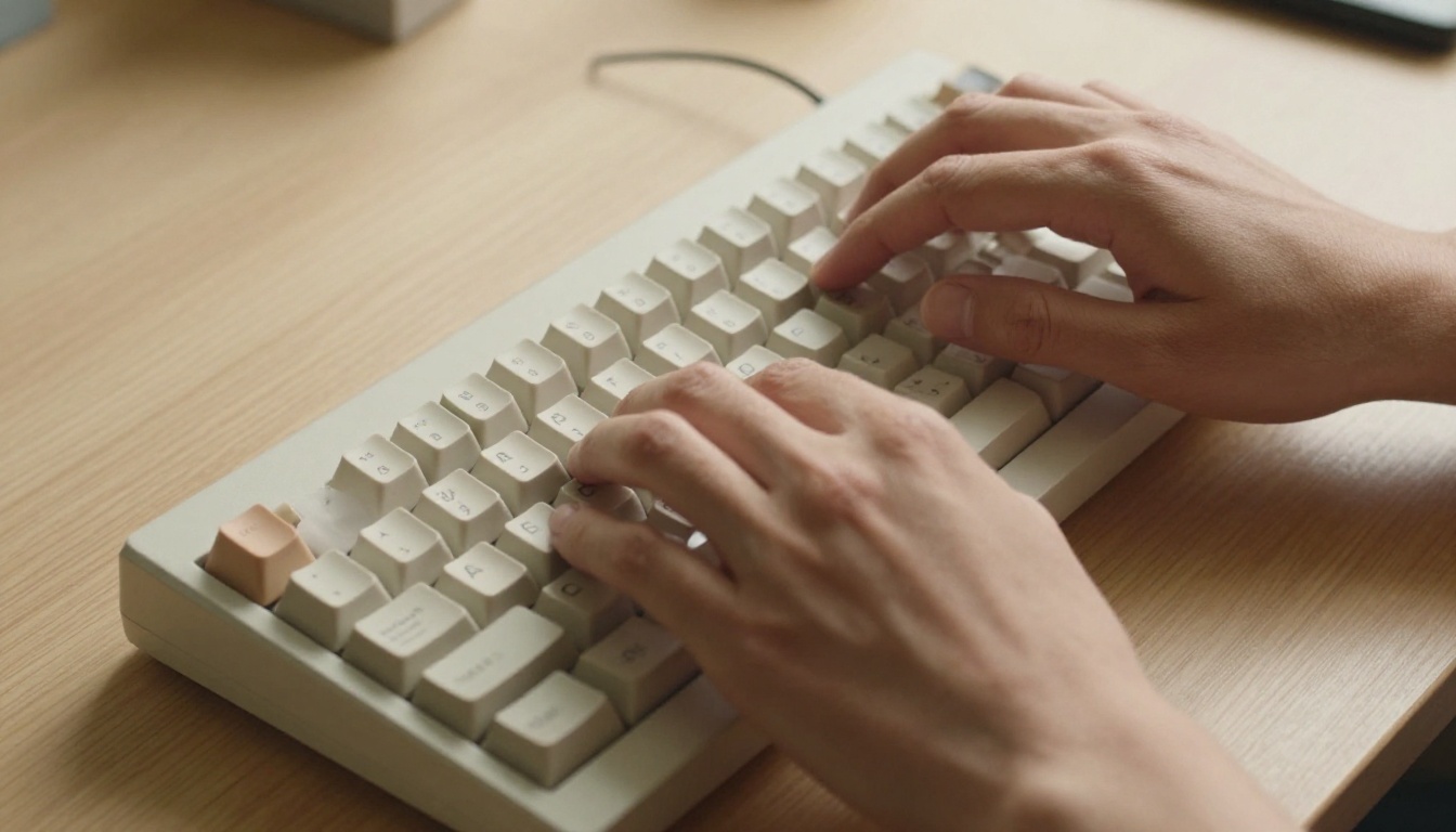Mechanical keyboard cream keycaps tapping hands warm morning light