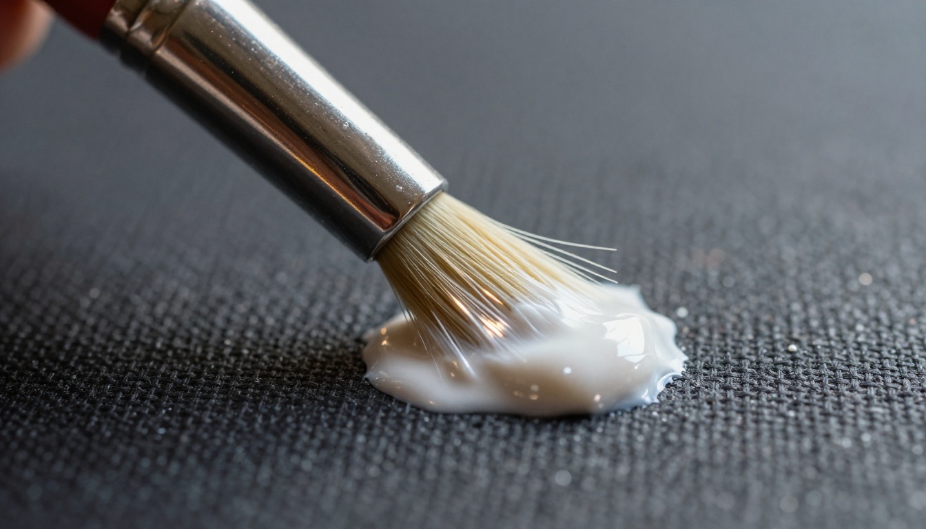 Paintbrush macro close-up pearl white paint on dark textured canvas