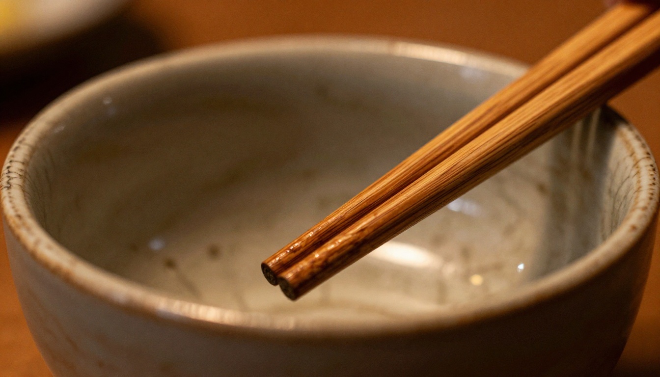 Ceramic bowl wooden chopsticks tapping amber warm light crackle glaze