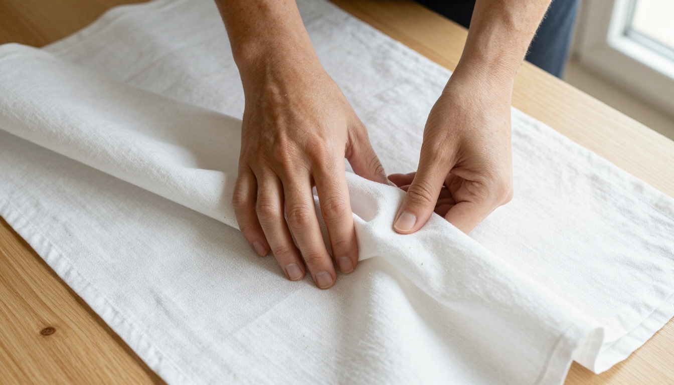 Linen fabric folding hands aerial overhead warm window light oak surface