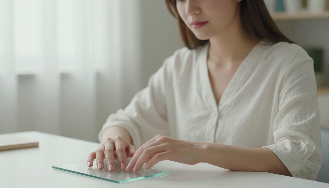 Woman tapping glass surface fingers relaxed calm minimal white linen outfit