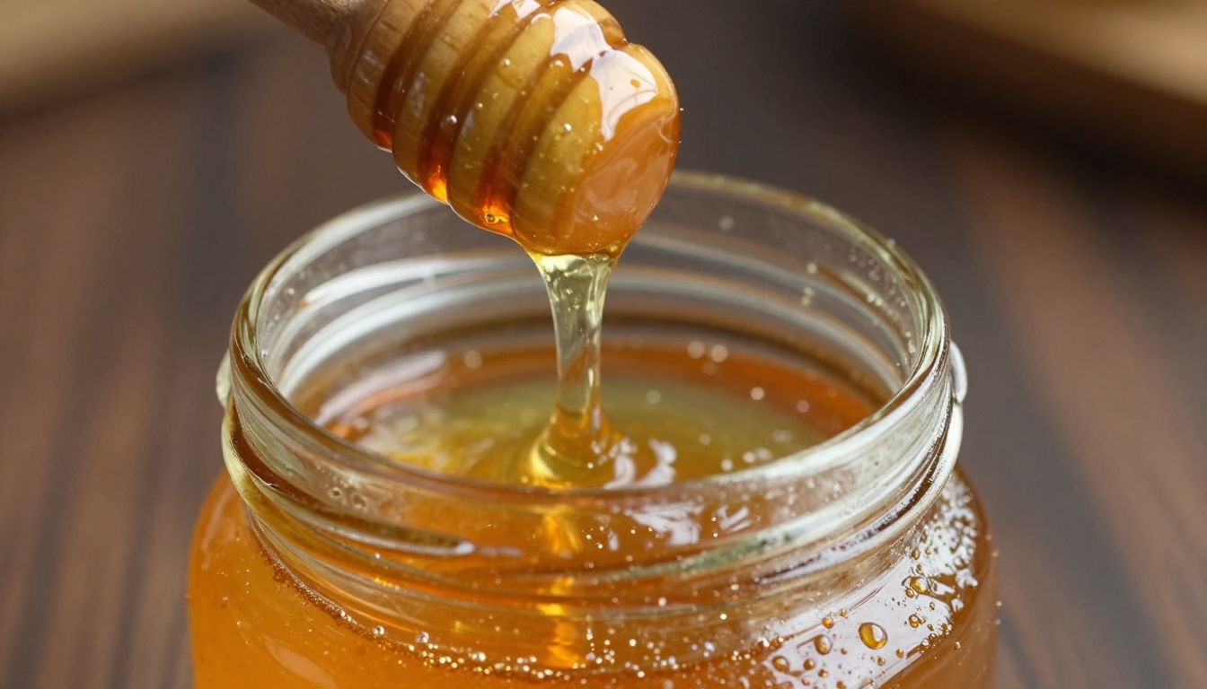 Honey dipper pulling amber ribbon from glass jar warm orange backlight