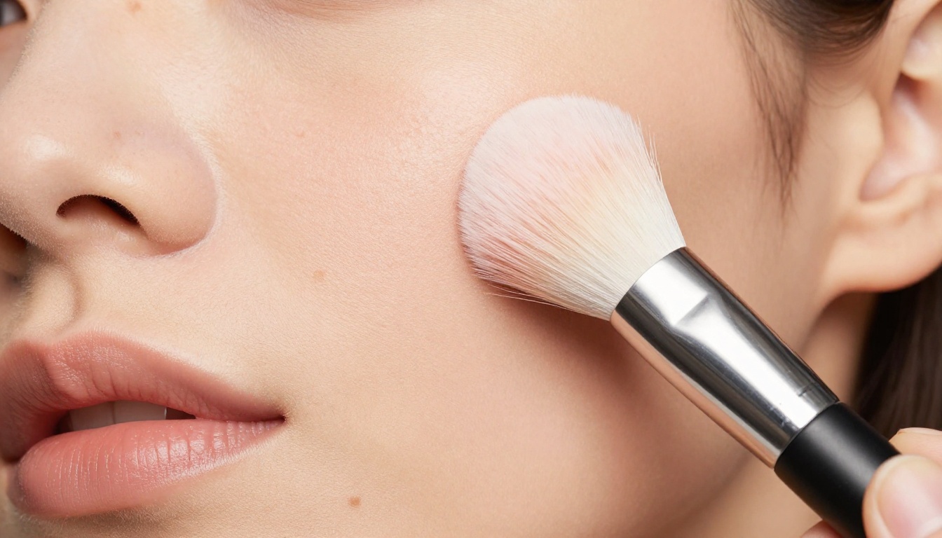Fluffy powder makeup brush against cheek macro close-up peach skin warm light