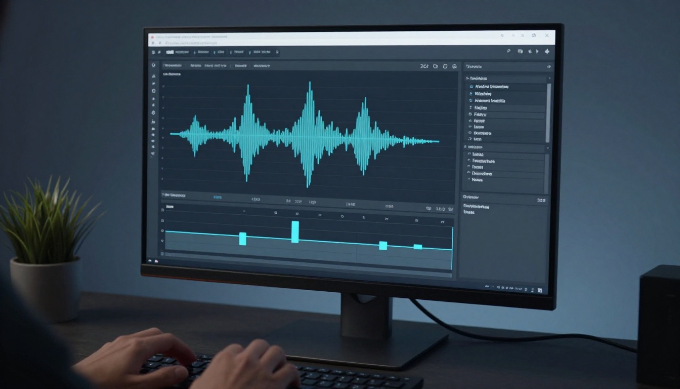 AI video generation interface monitor ASMR timeline waveform display dark studio