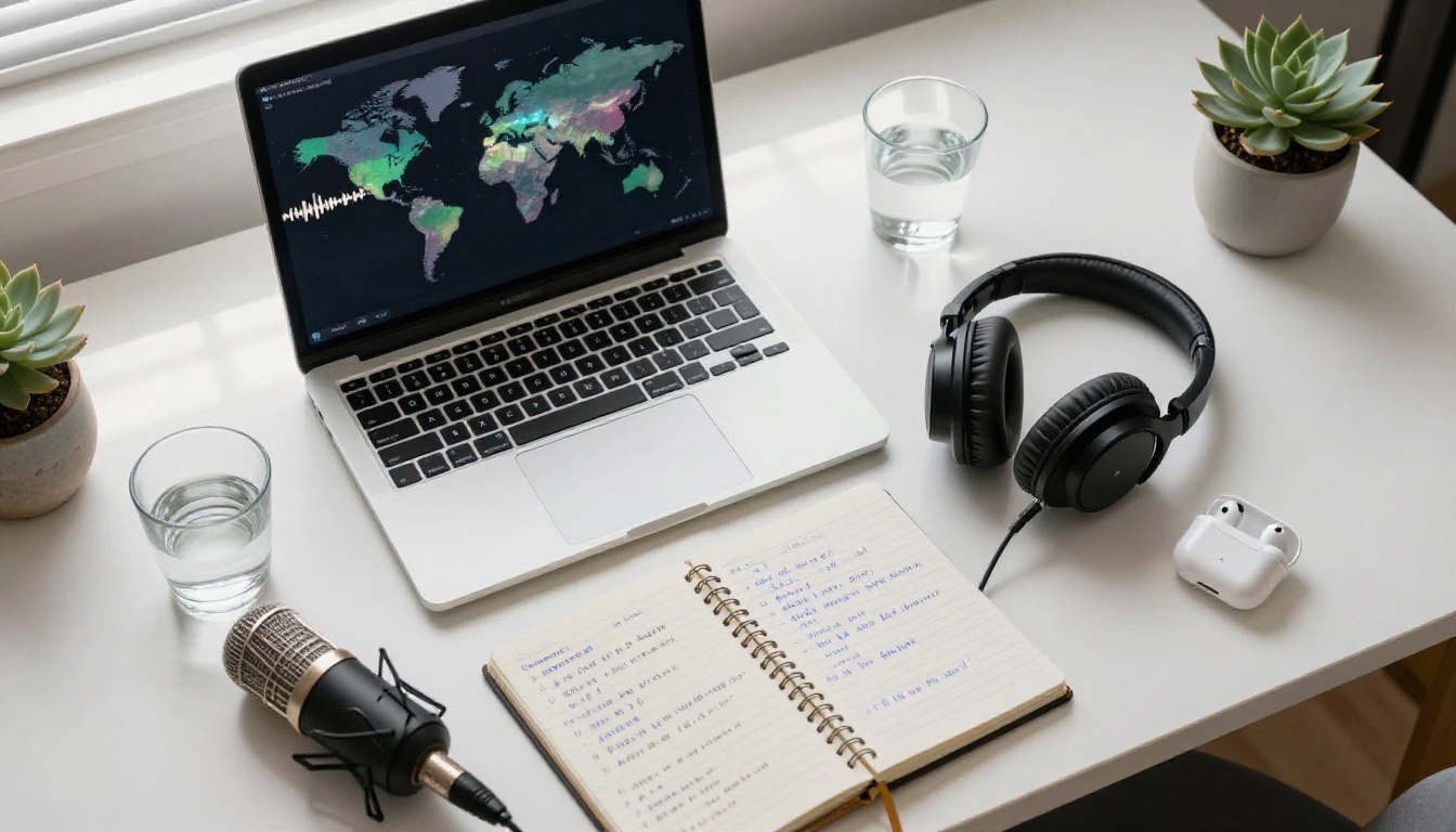Aerial view of podcast desk with world map on laptop