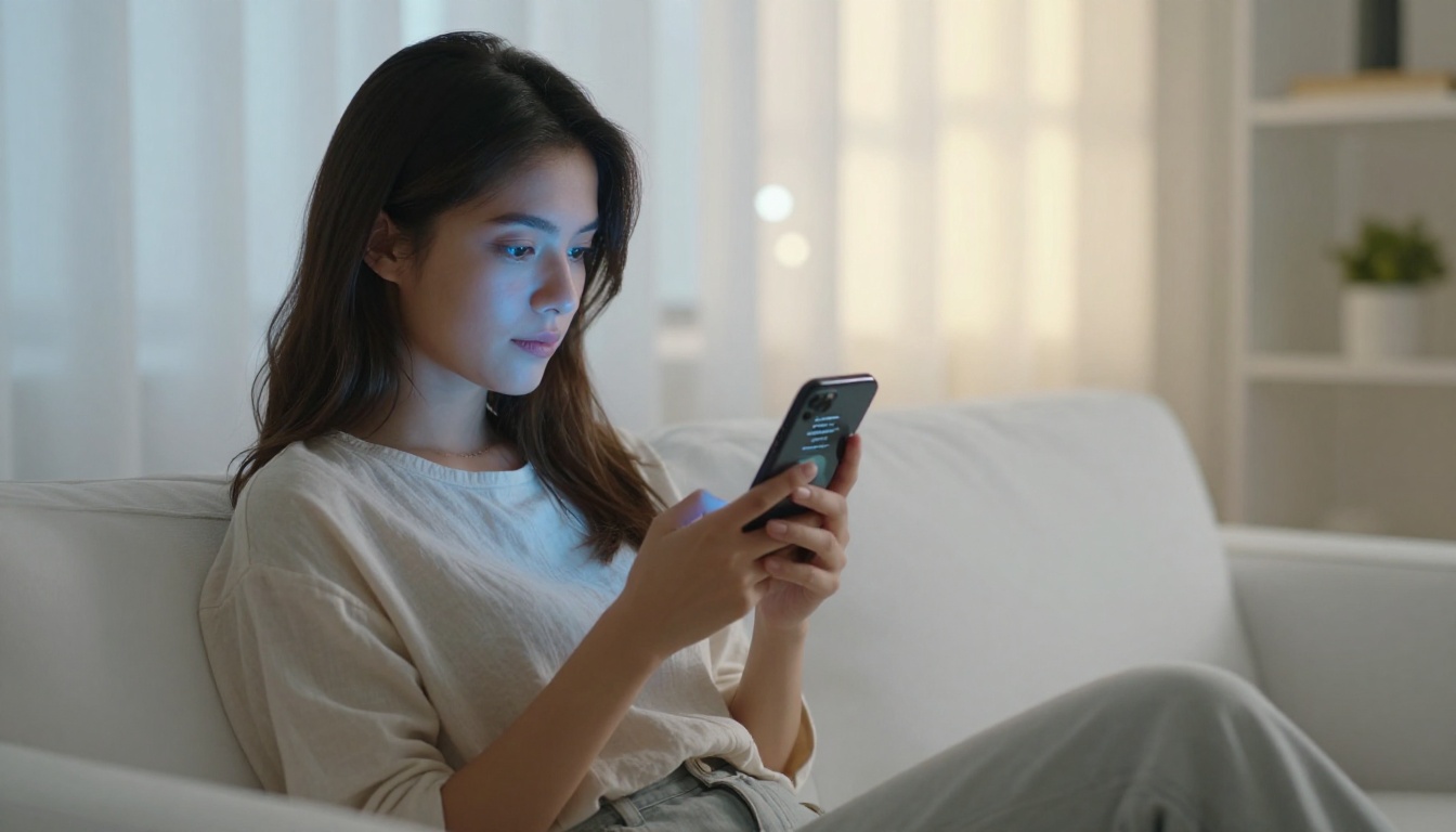 Woman watching podcast clip with Spanish subtitles