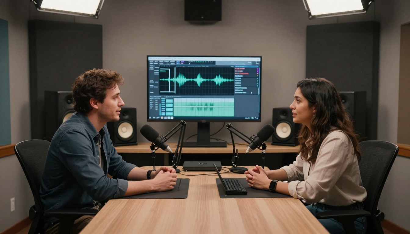 Two podcast hosts in multilingual broadcast studio