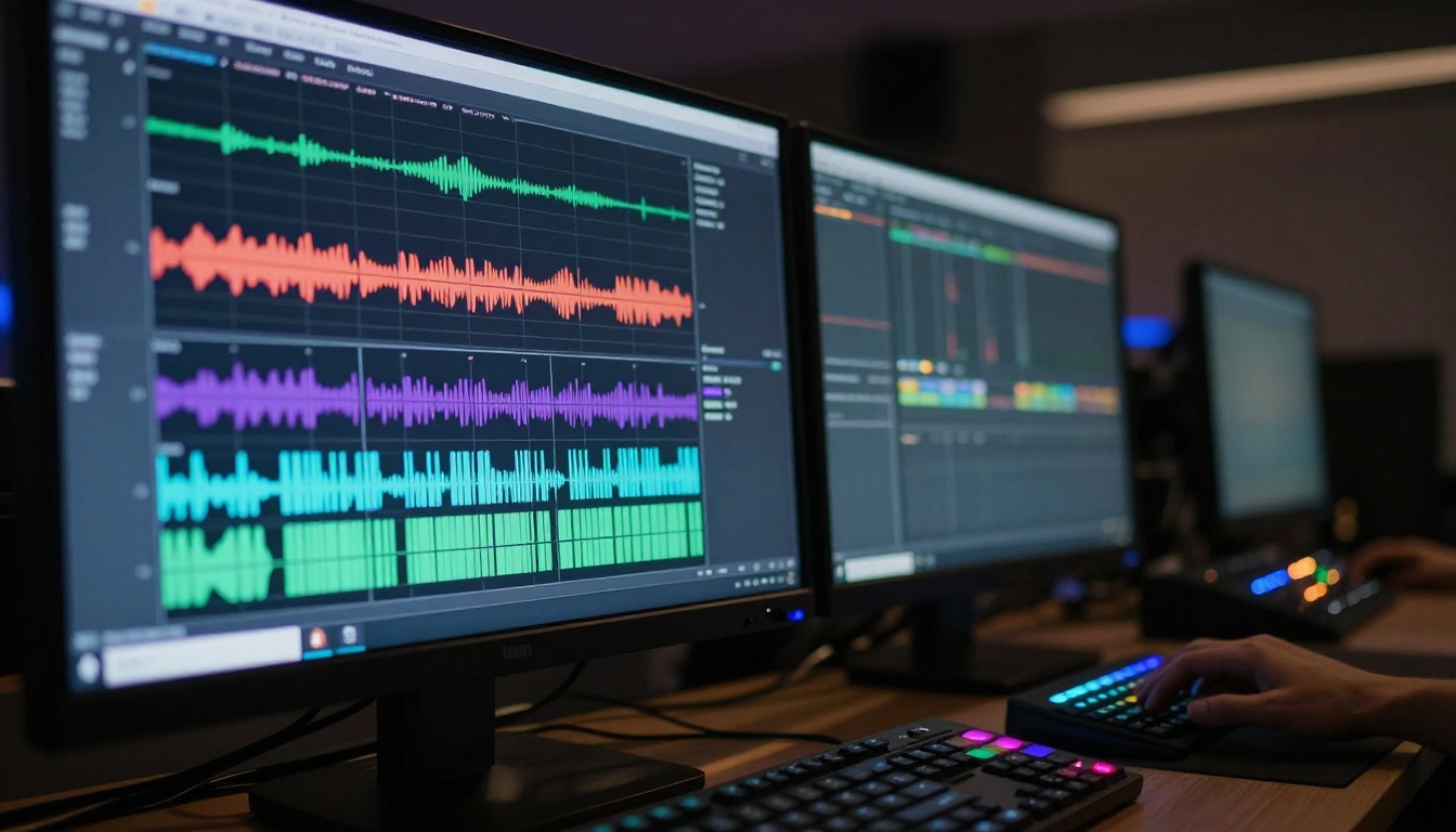 Audio waveform tracks in professional edit suite