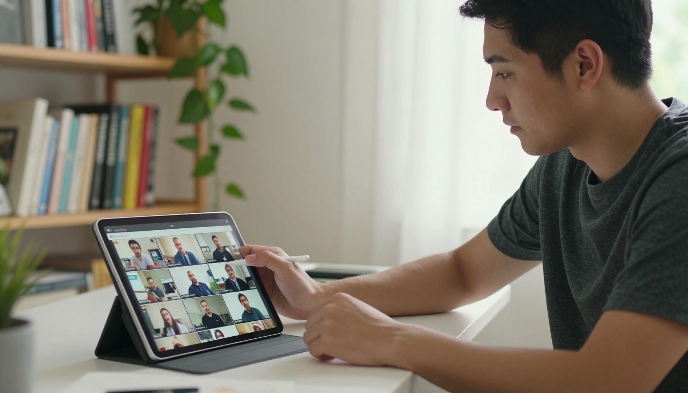 Content creator reviewing podcast clips on tablet