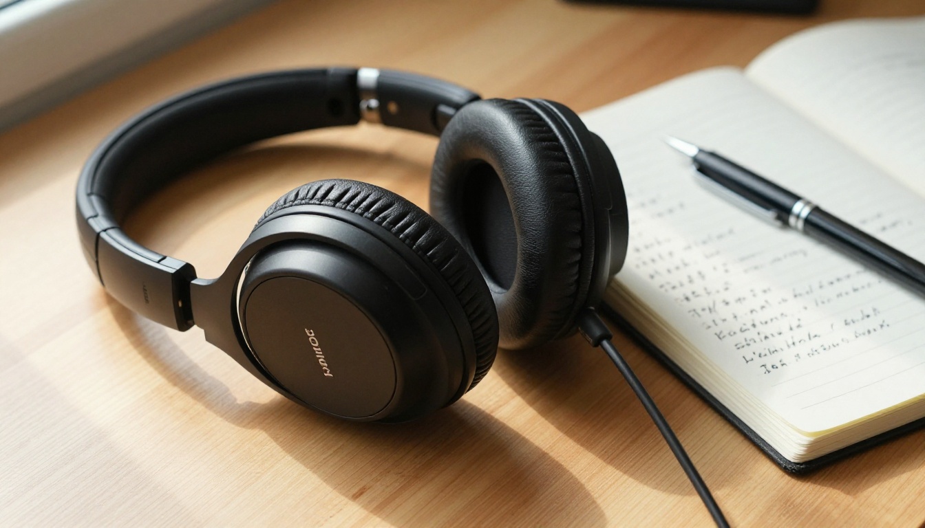 Studio headphones with multilingual handwritten notes