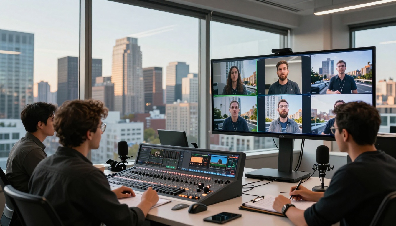 Podcast production team in glass-walled studio