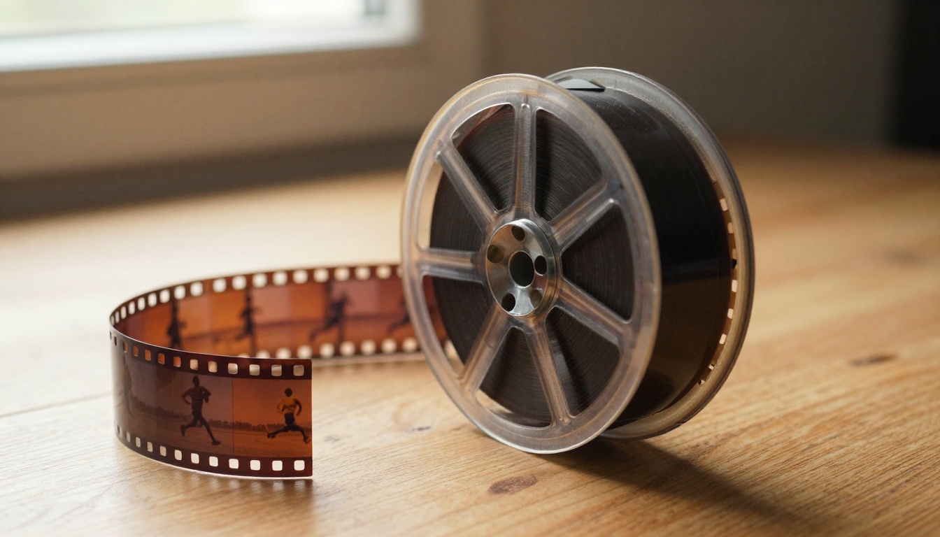 Film reel unspooling across a warm oak table in soft afternoon light, photorealistic