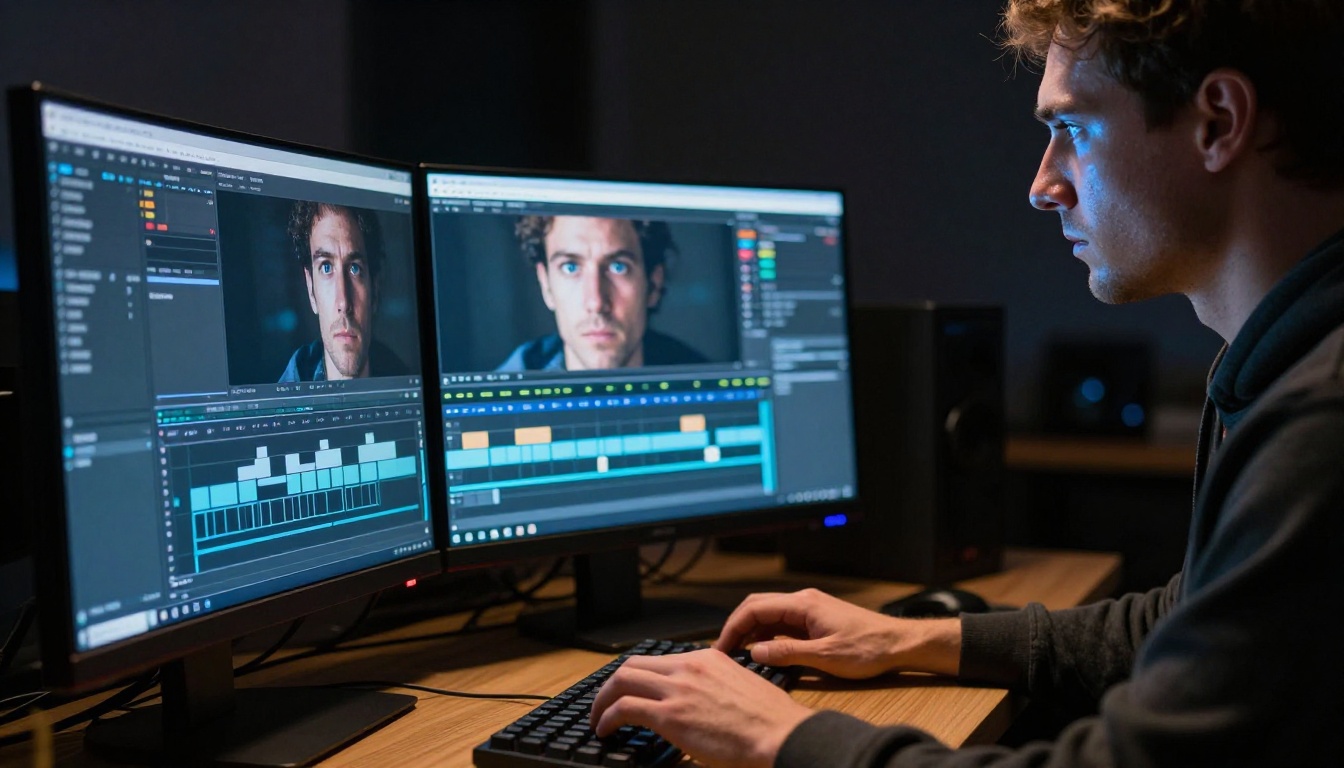 Professional video editor examining a single uncut timeline on an ultra-wide monitor