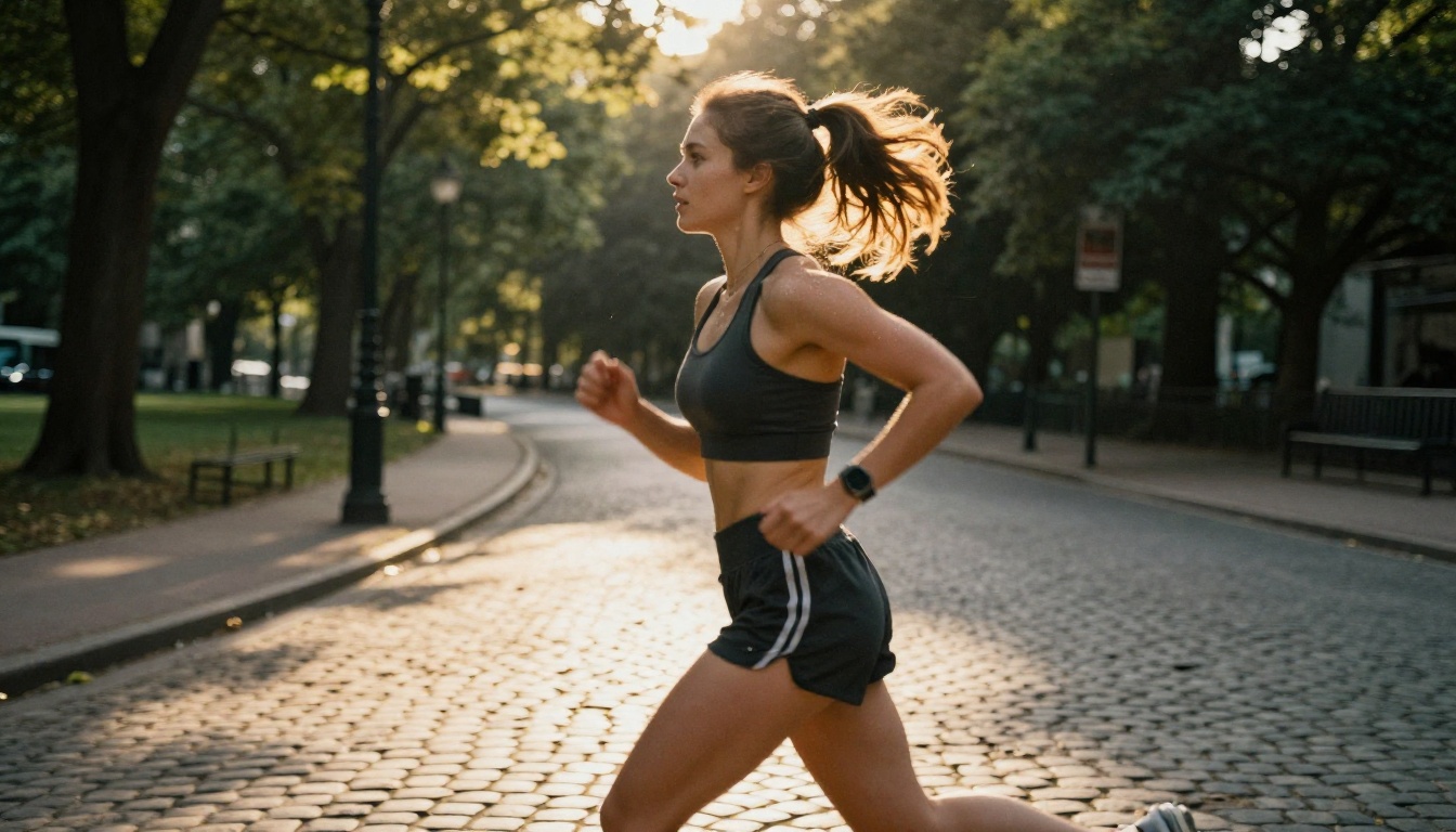 Young woman athlete captured mid-stride transitioning through multiple environments in continuous motion