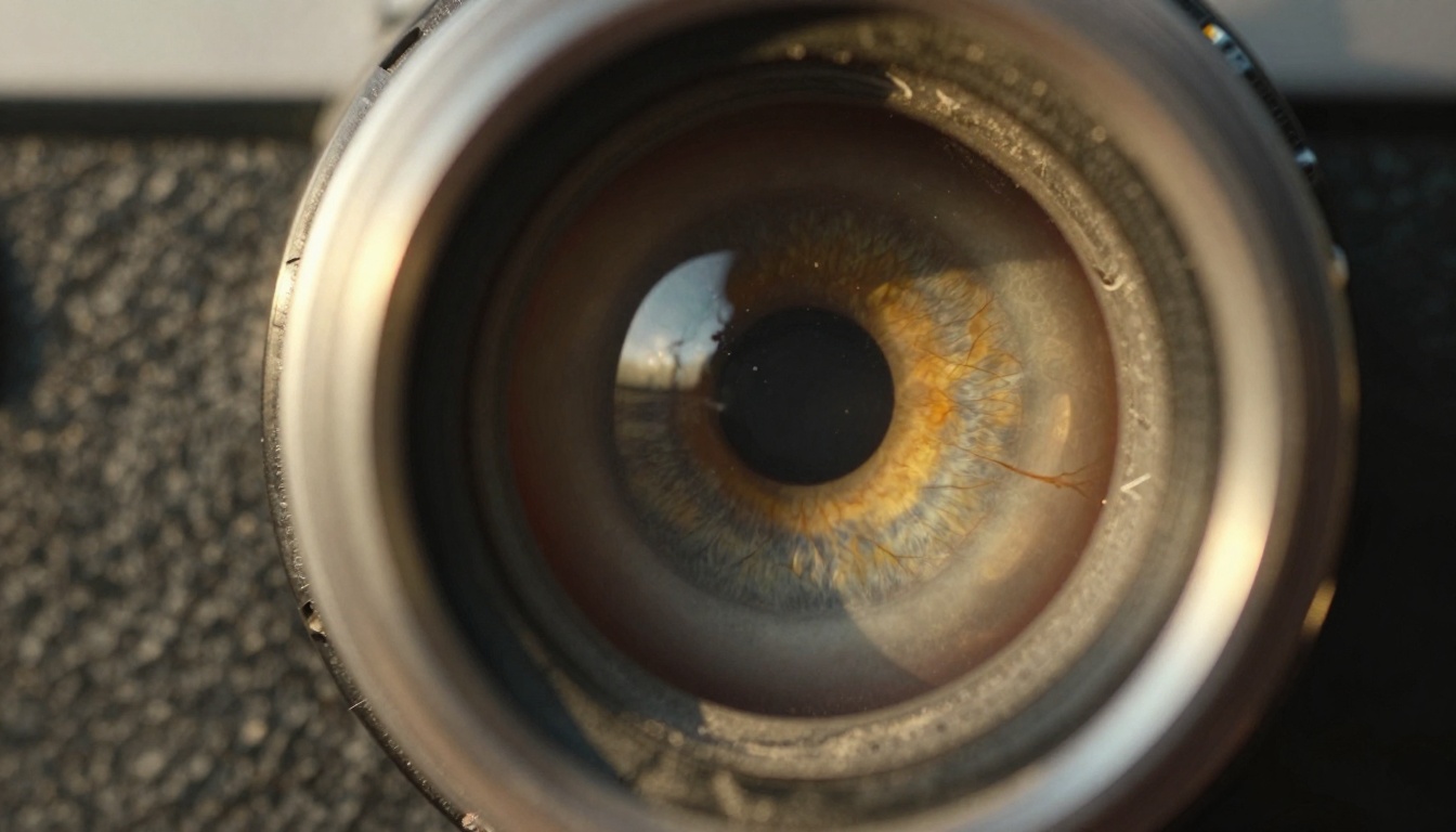 Extreme close-up of a cinema camera viewfinder with a human eye in sharp focus