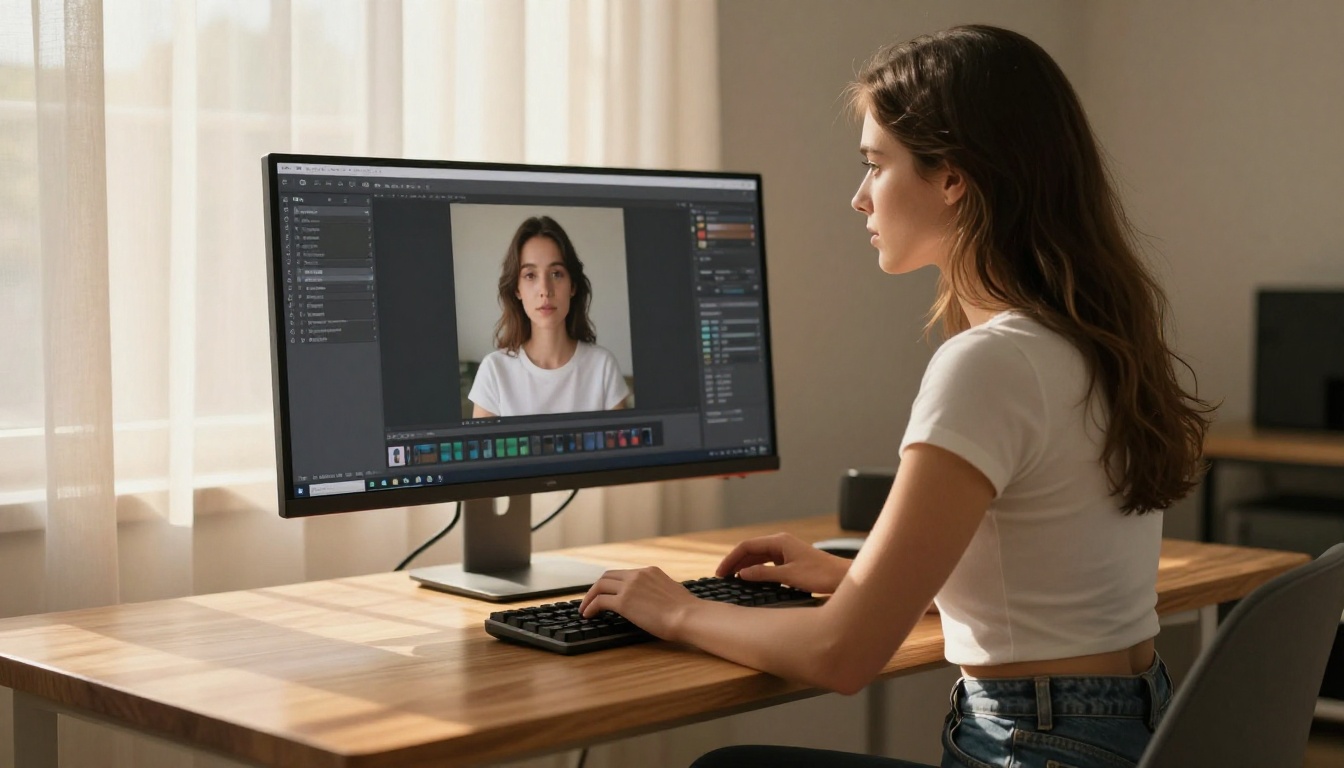 AI creator at workstation with ultrawide monitor AI creator at workstation with ultrawide monitor