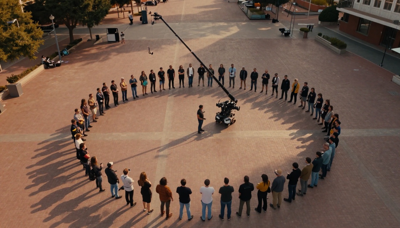 Aerial view of an outdoor film set at golden hour with a single jib arm sweeping across a plaza