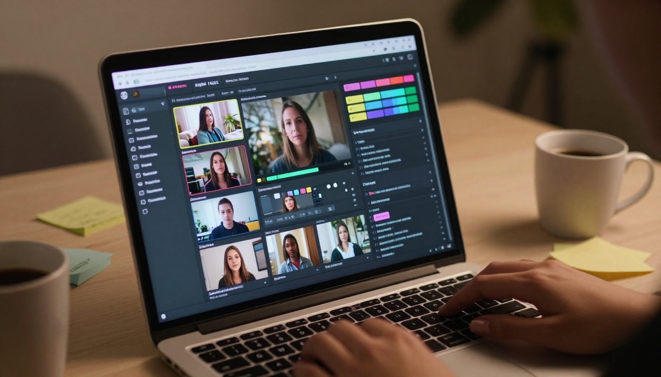 AI video generation dashboard on a laptop screen, hands at keyboard, warm office light
