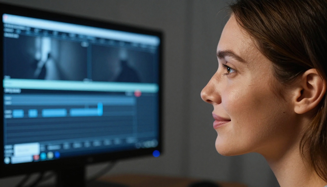 Side-profile close-up of woman gazing at video timeline on monitor Side-profile close-up of woman gazing at video timeline on monitor