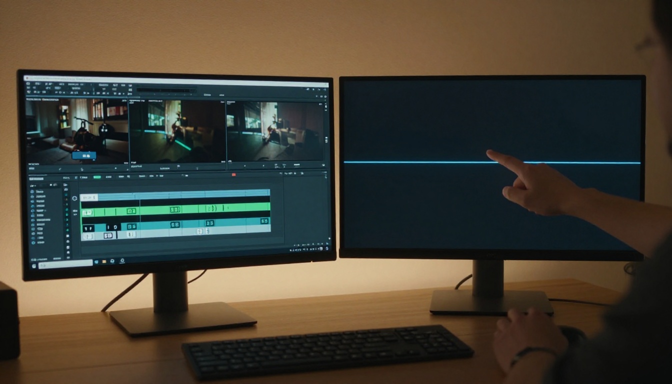 Two 4K monitors side by side comparing a cut-heavy timeline with a single clean clip