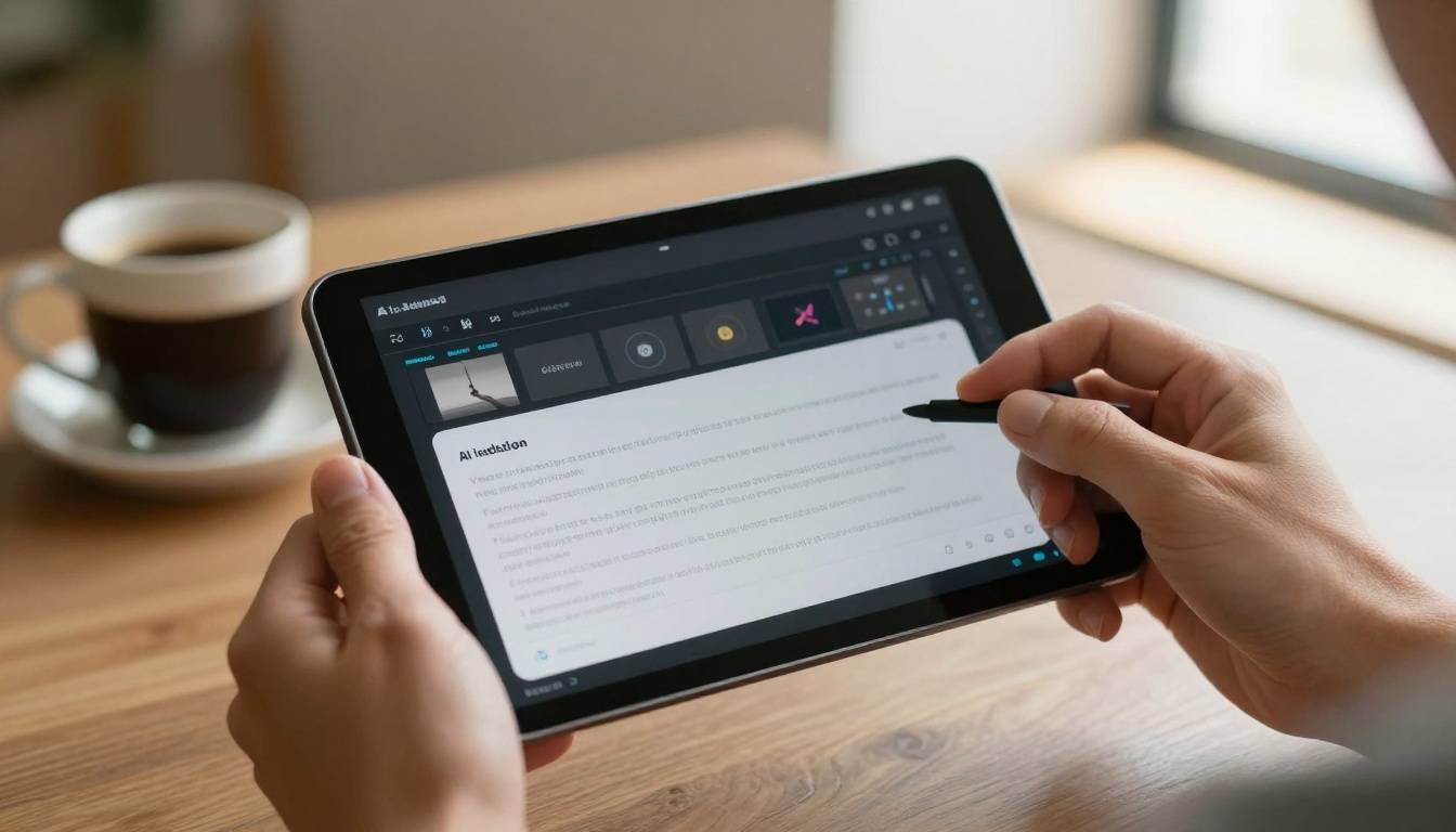 Creative director's hands holding a tablet with an AI video generation interface on screen