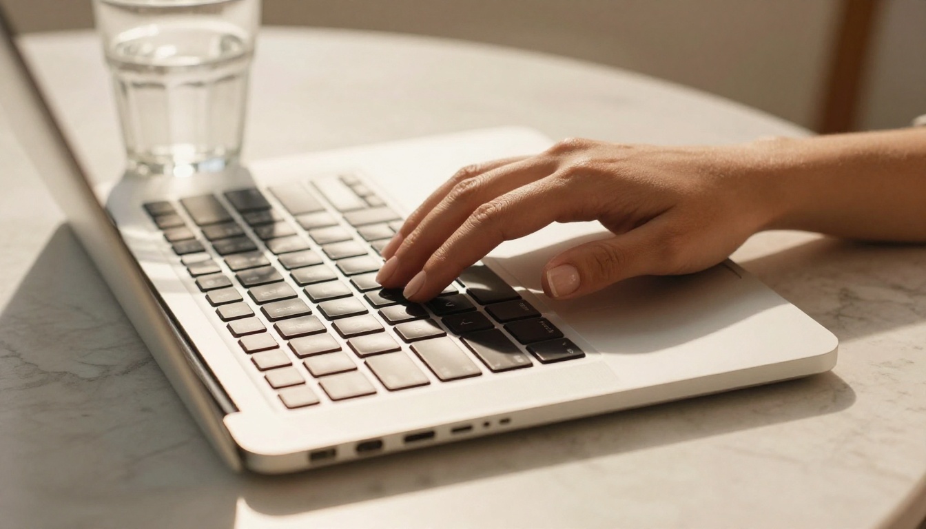 Intimate close-up of woman's hands typing on sleek laptop Intimate close-up of woman's hands typing on sleek laptop