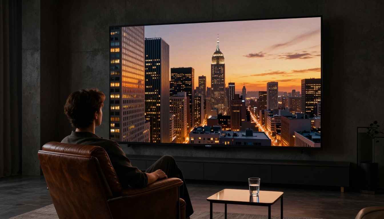 Person relaxing in a leather armchair watching an uncut AI video on a massive OLED screen