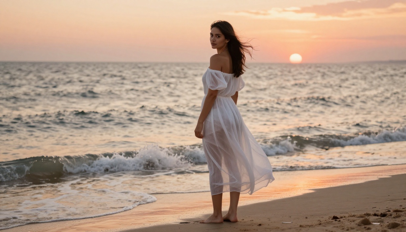 Woman in sheer white off-shoulder dress on beach at golden hour Woman in sheer white off-shoulder dress on beach at golden hour