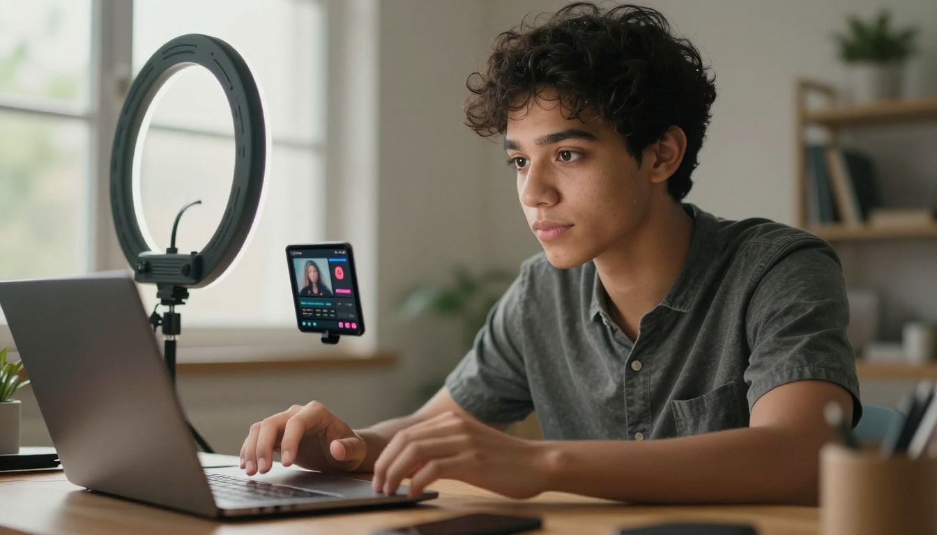 Confident young content creator at a desk with a laptop showing an AI video platform