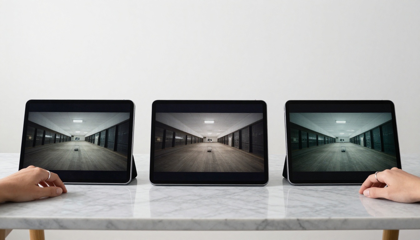 Three tablets showing AI video quality comparison on marble desk Three tablets showing AI video quality comparison on marble desk