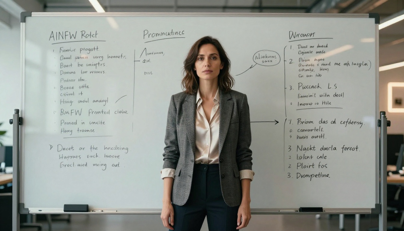 Creative director standing before a workflow whiteboard, professional studio lighting