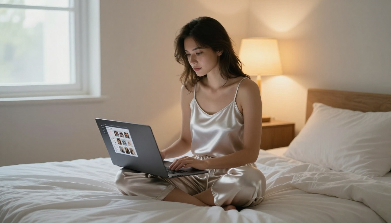 Woman with laptop on white bedding reviewing AI-generated content, warm lamp light