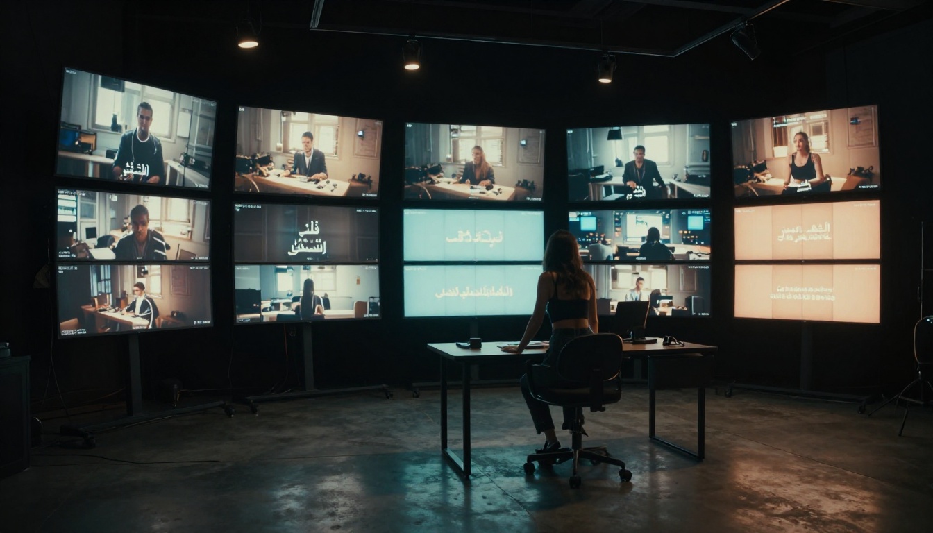 Production suite with multilingual monitors, woman reviewing footage