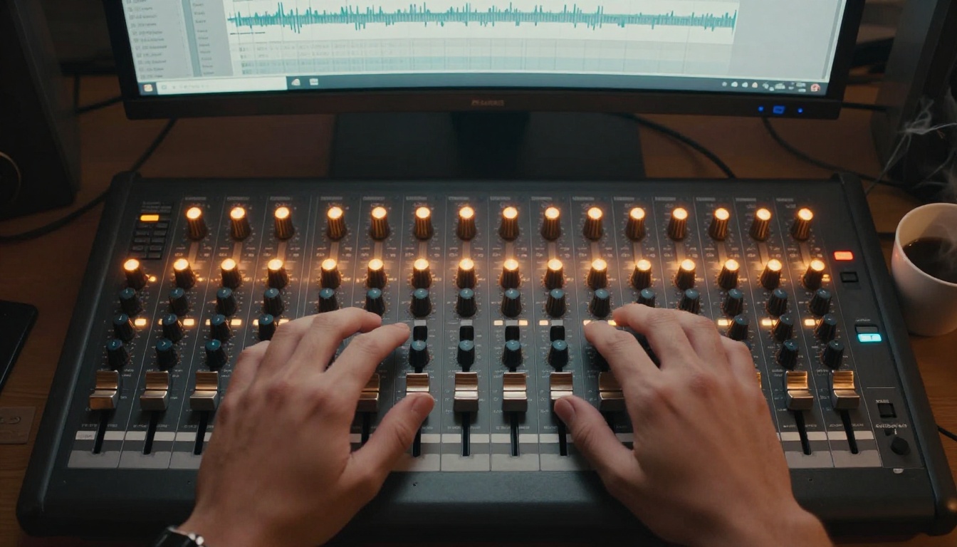 Professional audio mixing console, overhead bird's-eye view