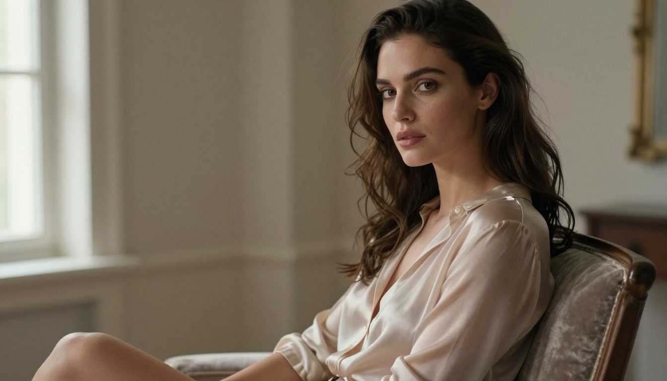 Glamour editorial portrait with Rembrandt lighting, sheer silk blouse