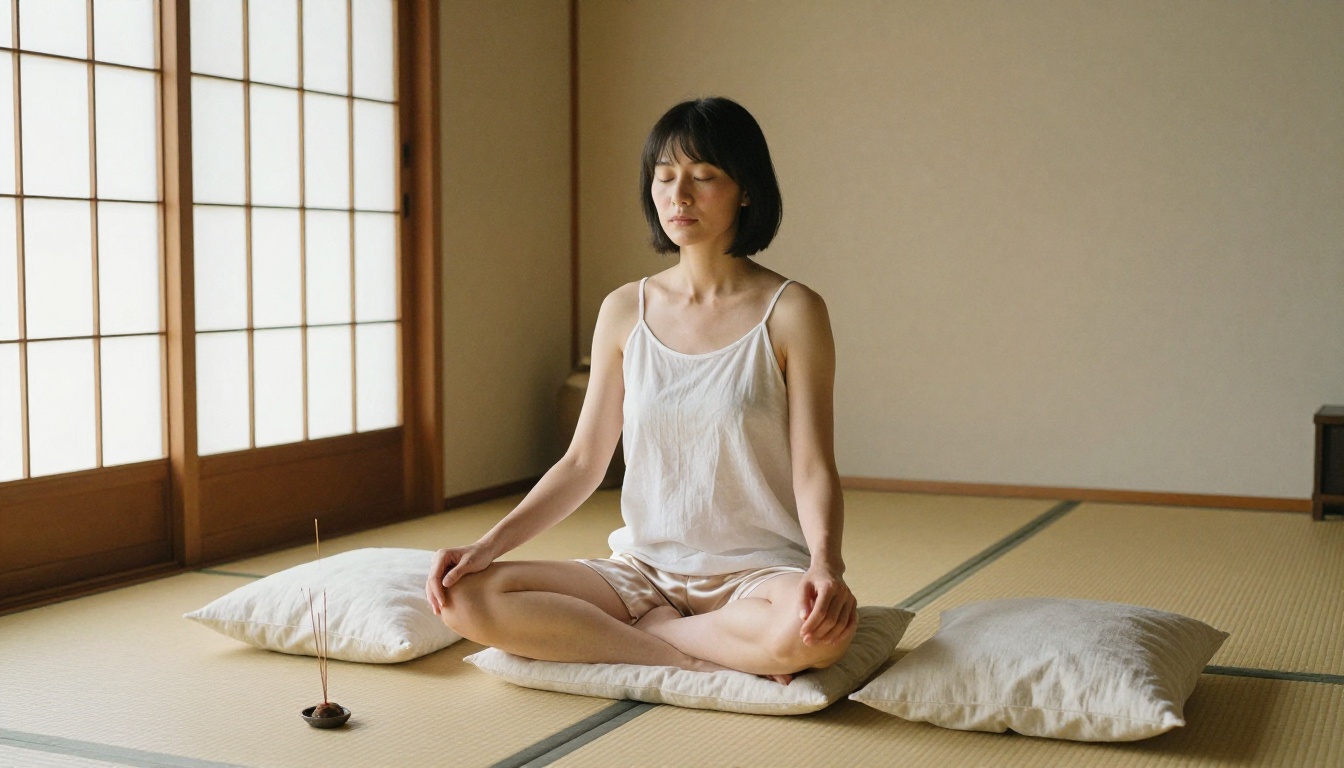 Woman in white linen meditating in Japanese-inspired bedroom, rice paper window light