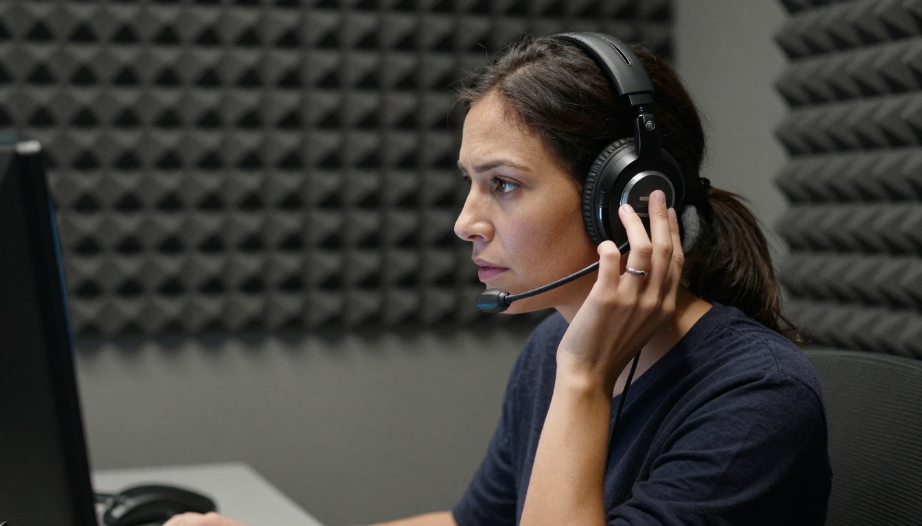 Woman in broadcast booth with headphones, side profile shot