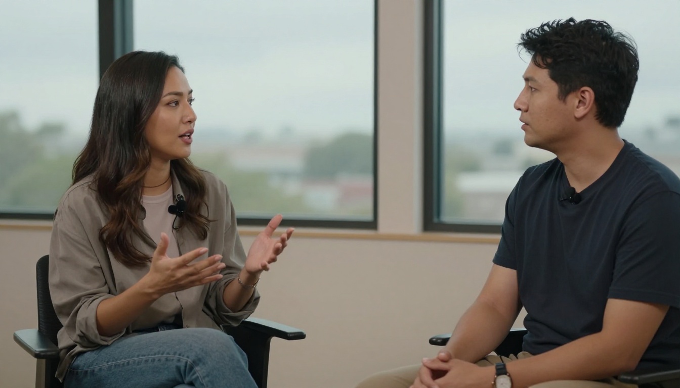 Two speakers in a candid interview setup mid-conversation