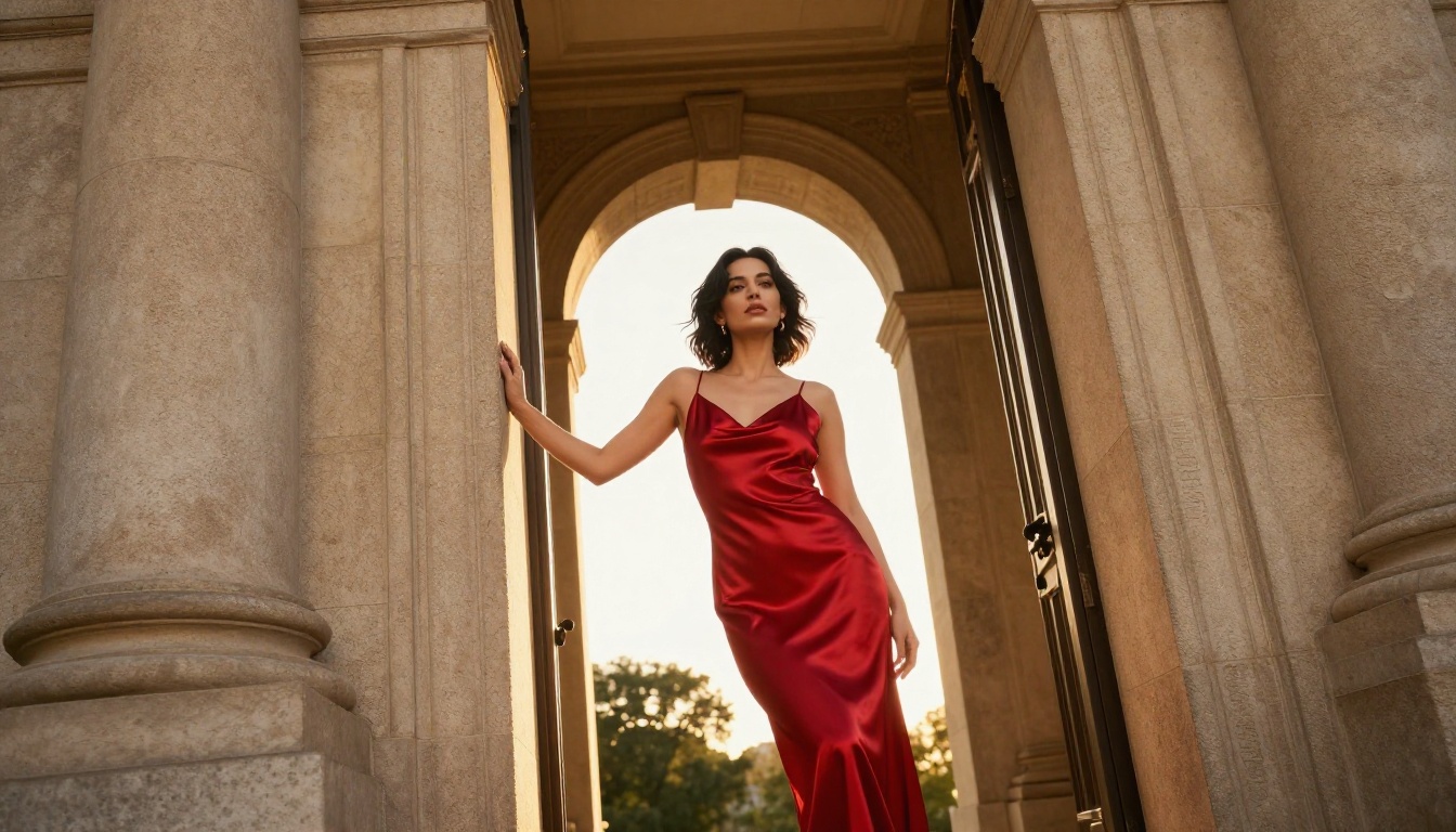 Woman in red satin dress in neoclassical archway, golden hour backlight