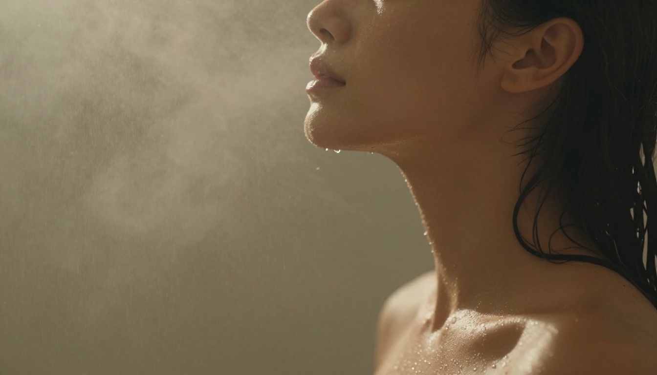 Woman in misty bathroom, steam atmosphere, side profile portrait, amber light