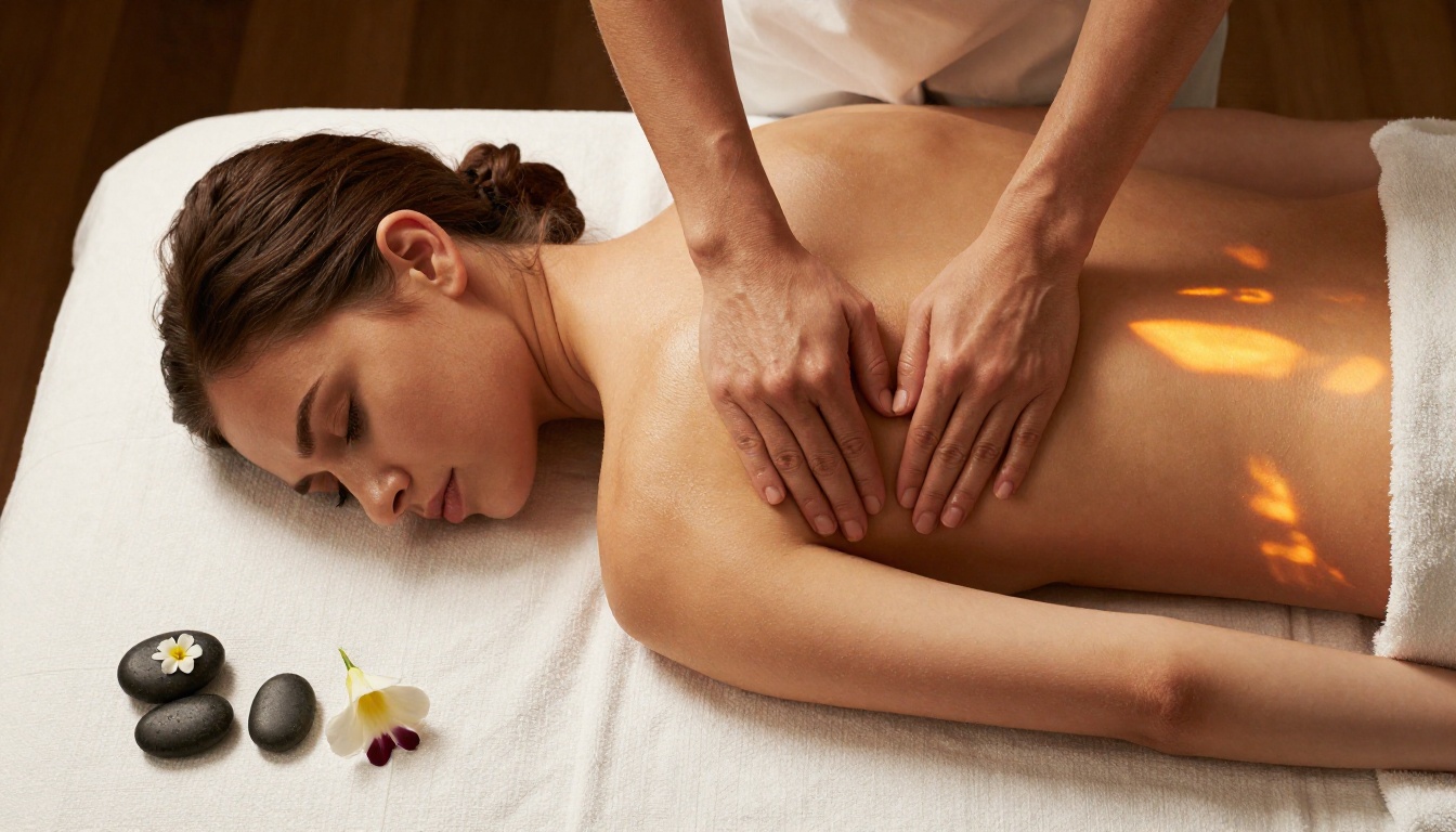 Woman on massage table, spa setting, overhead view, aromatic oils, fresh flowers