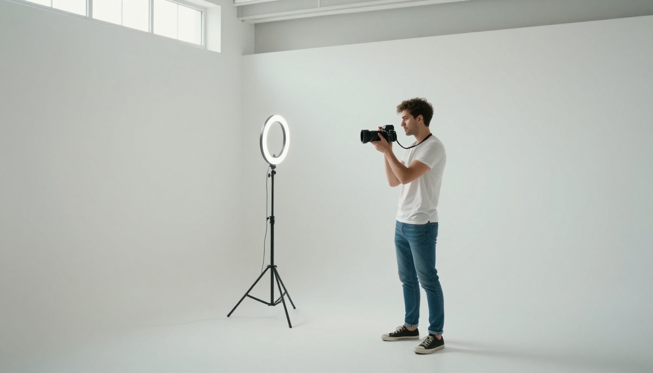 Content creator filming in a bright studio with professional camera equipment Content creator filming in a bright studio with professional camera equipment
