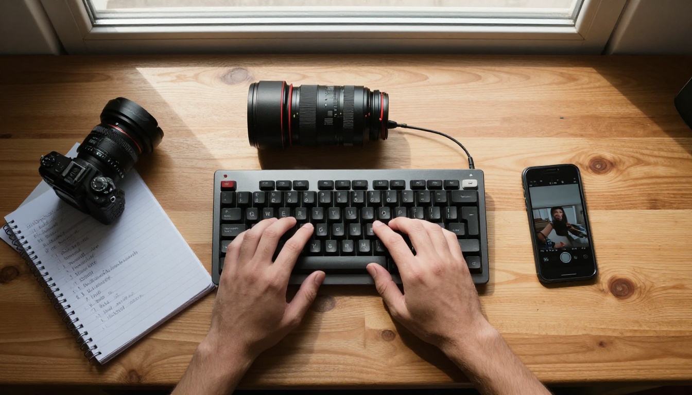 Filmmaker's workspace from above showing keyboard, notebook, camera lens, and phone Filmmaker's workspace from above showing keyboard, notebook, camera lens, and phone
