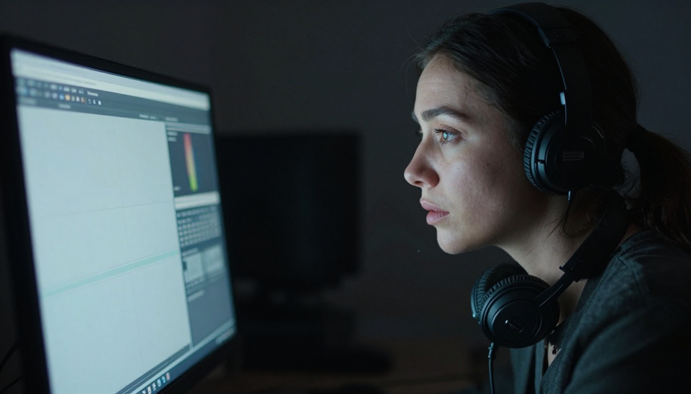 Female video producer reviewing footage on monitor in dark editing suite Female video producer reviewing footage on monitor in dark editing suite