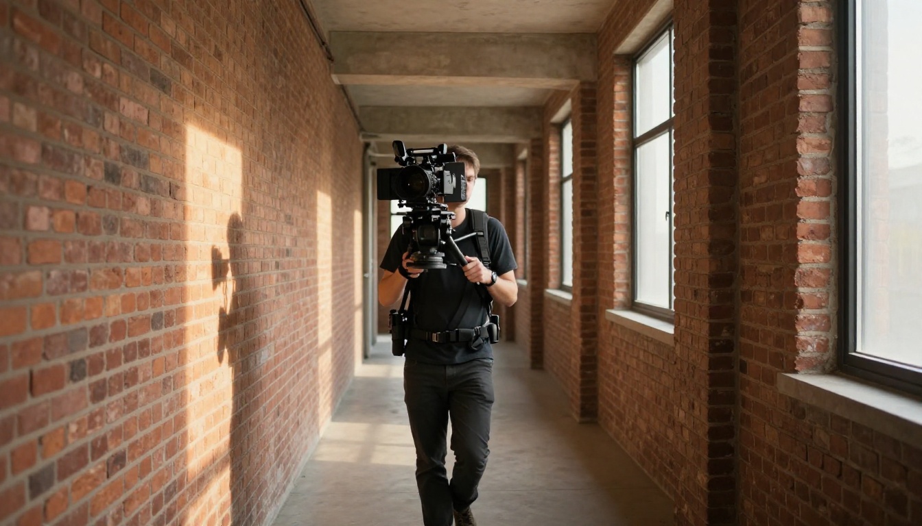 Cinema camera operator walking through brick corridor with directional light Cinema camera operator walking through brick corridor with directional light