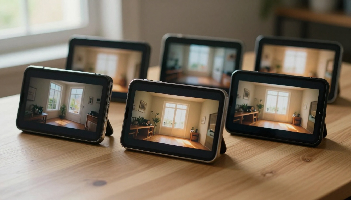 Multiple smartphone screens showing different frames from AI-generated video sequences Multiple smartphone screens showing different frames from AI-generated video sequences